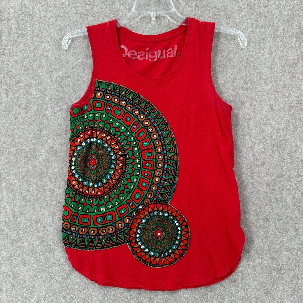 Desigual Tank Top SMALL Artsy Sleeveless‎ Vacation Resort wear Red Bling